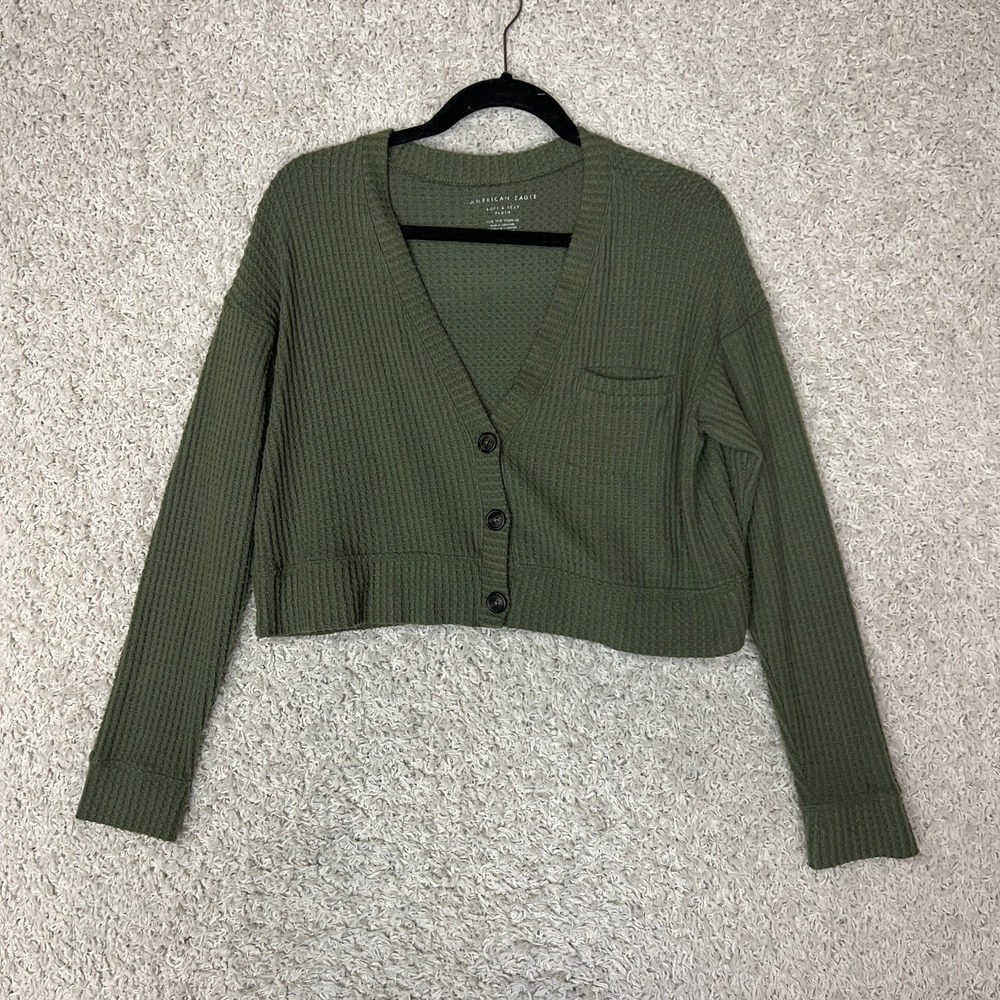 American Eagle Womens Cropped Waffle Knit Button Down Cardigan XS/S Green